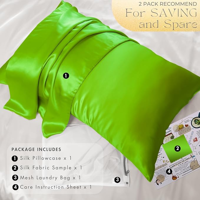 PROMEED 23 Momme Silk Pillowcase for Hair and Skin, Both Sides Upgraded Grade 6A+ Mulberry Silk Pillow Case with Zipper, Cooling Pillow Cases for Hot Sleepers (King 20"x36",Green)