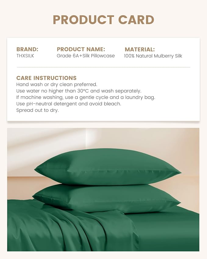 THXSILK Set of 2 100% Pure Mulberry Silk Pillowcase for Hair and Skin, 6A+ Grade Mulberry Silk Pillow Case Queen Size 20"x30", Real Silk Pillowcase with Zipper (Emerald Green)