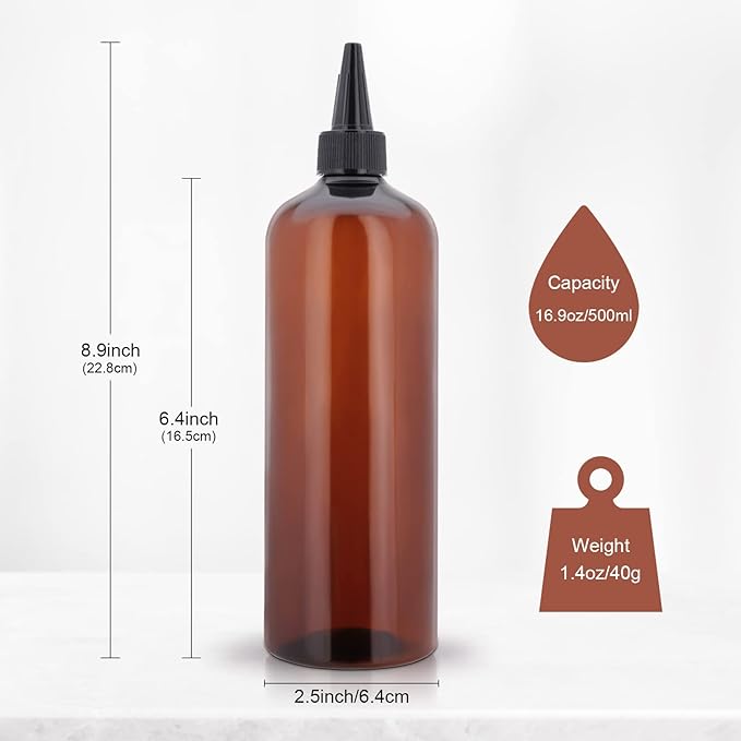 Cosywell Applicator Bottles for Hair - 2 Pack, 16 Ounce Oil Bottles with Cap, PET Plastic, Refillable, Brown