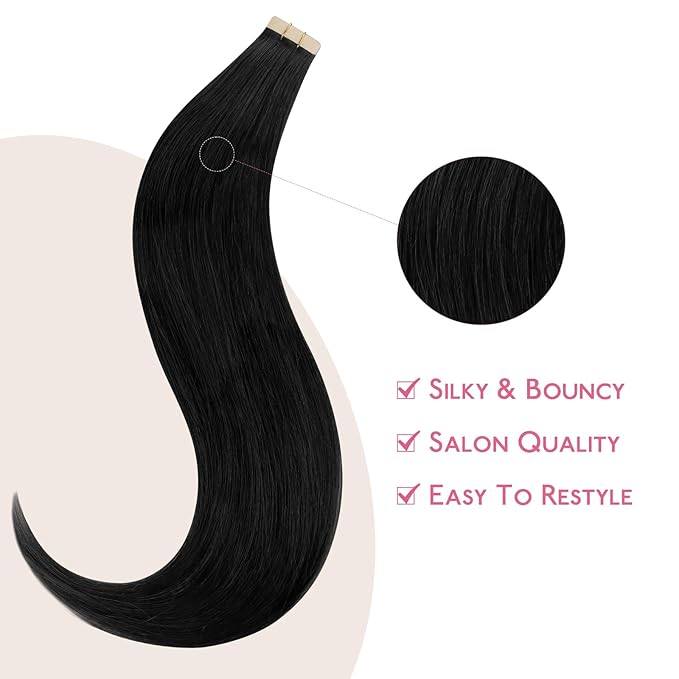 WENNALIFE Tape in Hair Extensions Human Hair Jet Black Tape in Extensions, 10pcs 20g 12 inch Remy Invisible Tape Ins Straight Colored Soft Real Human Hair Tape in Extensions Refill Set Extensions