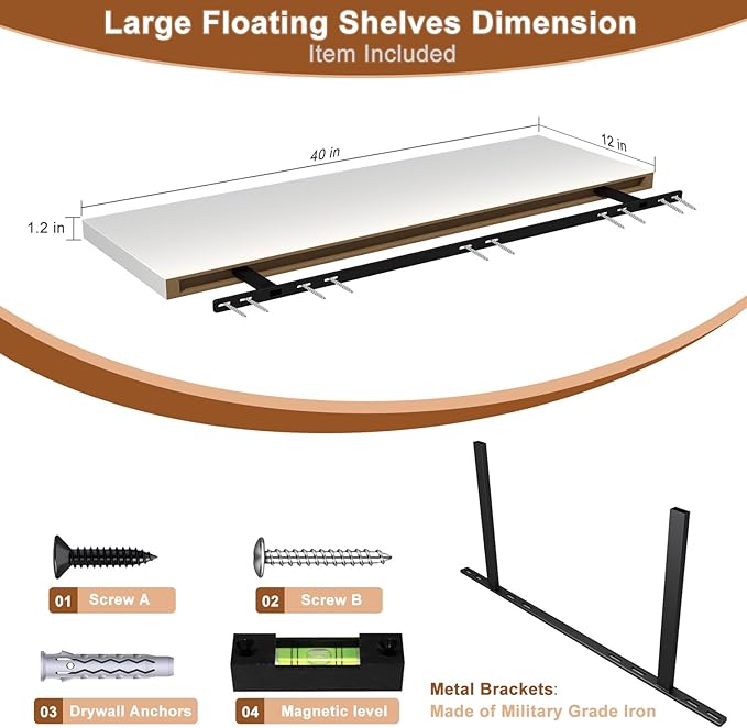 40 Inch Floating Shelf 2 Pack Large Floating Shelves for Wall No Drilling Accessories Included Deep Wall Shelves for Living Room Kitchen Farmhouse 40" W x 12" D x 1.2" White