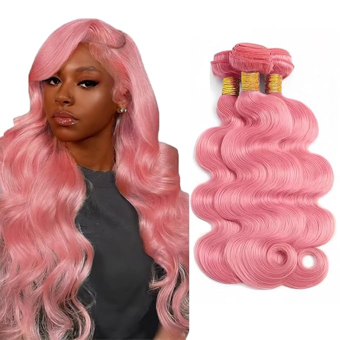28 30 32 Inch Light Pink Human Hair Bundles Pink Body Wave Bundles Niegmeag Virgin Soft and Skily Remy Hair Extensions Double Weft Light Rose Bundle