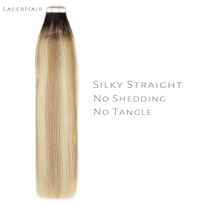 Lacer Remy Human Hair Extensions Tape Ins 20 Inch Tape in Real Human Hair Extensions Pu Skin Weft Color Caramel Blonde Mixed Bleach Blonde with Darkest Brown Roots 50 Gram R#2-27/613