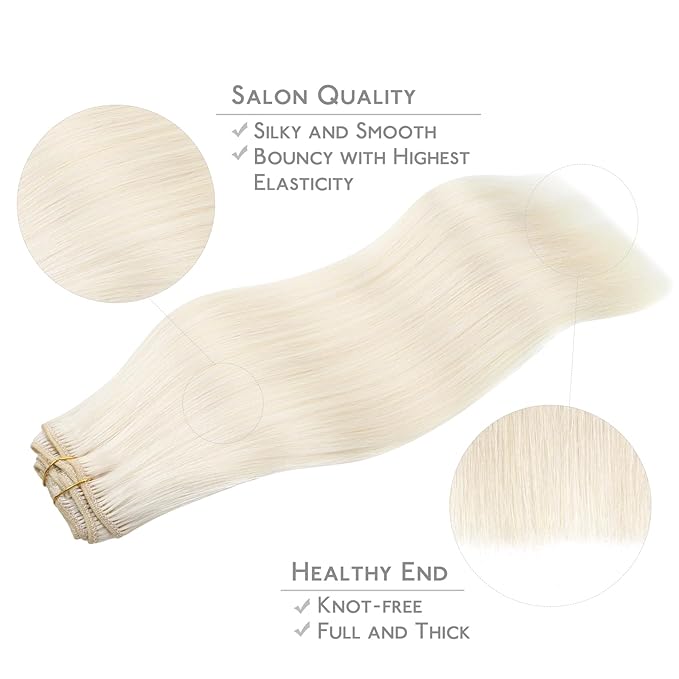 WENNALIFE Clip in Hair Extensions, 16 Inch 120g 7pcs Real Human Hair, White Blonde Remy Hair Extensions Clip Ins Double Weft