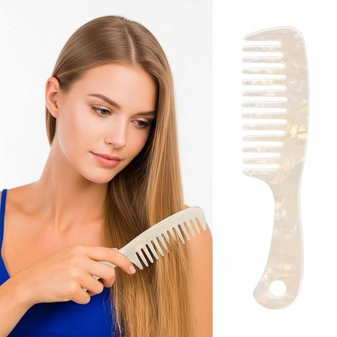 Large Wide Tooth Hair Comb, LADYAMZ [Tortoise Shell] Cellulose Acetate Round Tooth Comb for Straight/Curly Hair,Short/Long Hair Women Men or Kids, Easy Detangling Wet or Dry, Anti-static (White)