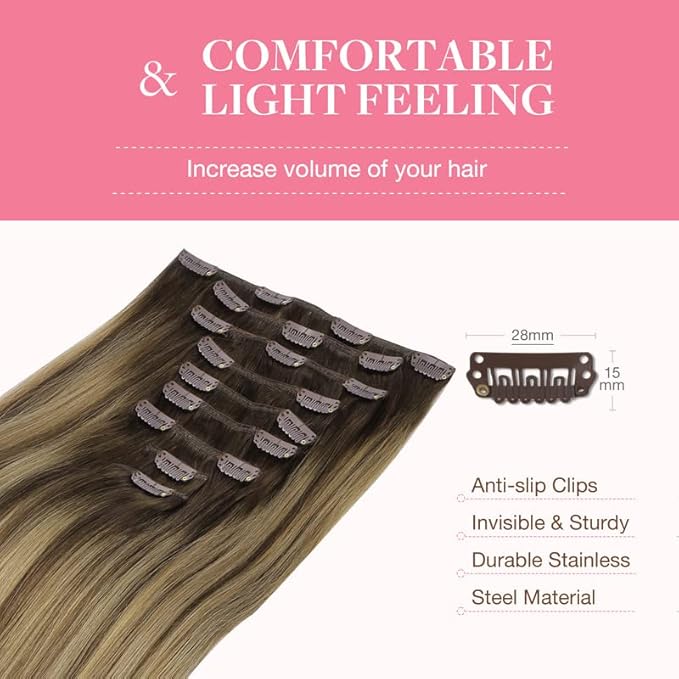 GOO GOO Clip in Hair Extensions Real Human Hair, Remy Human Hair Extensions Clip ins for Women, Natural Human Hair, 22inch 150g 9Pcs, 4/27/4 Balayage Chocolate Brown to Caramel Blonde