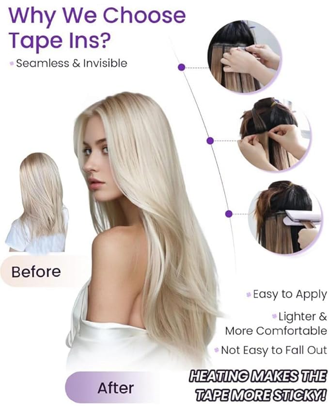 LaaVoo Tape in Hair Extensions Platinum Blonde Hair Extensions Tape in Human Hair Real Hair Tape on Extensions Silky Straight Hair 100g 40pcs 16inch