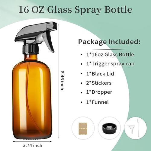16oz Amber Glass Spray Bottles,1 Pack Glass Spray Bottles Refillable Empty Bottle with Adjustable Nozzle,Spray Bottle for Essential Oils,Cleaning,Pets,Hair Mister