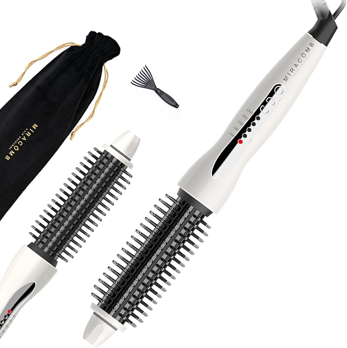 MIRACOMB Professional Hair Curler Straightening Brush | Ceramic Heated Round Brush | 1" Comb Flat Iron Straightener | Anti-Frizz Curl Wand Iron Roller with 5 Heat Settings, Cool Touch, Auto off, White
