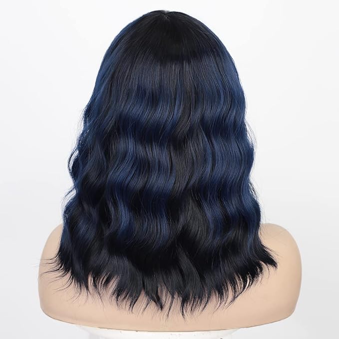 AISI HAIR Synthetic Wavy Bob Wig with Bangs, Dark Blue, 21-23 Inches
