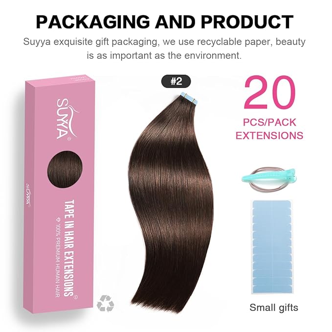 SUYYA Tape in Hair Extensions Human Hair Darkest Brown 30 Inch 60g/pack 20pcs Straight Seamless Skin Weft Tape in Real Human Hair Extensions (30 inch #2 Darkest Brown