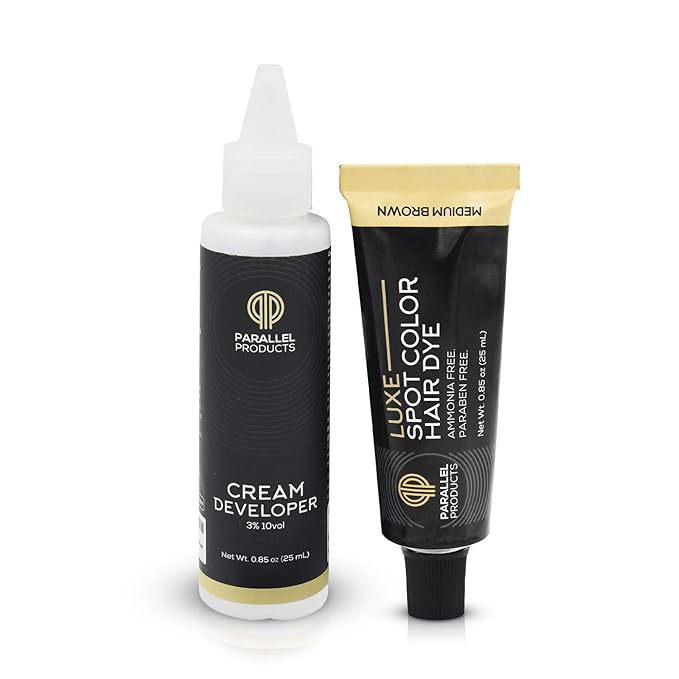 Parallel Products - Luxe Color (Medium Brown) - Cream Hair Dye - 25mL - Tint for Professional Spot Coloring - With Cream Developer, Mixing Dish and Application Brush - Covers Grey Hair - Root Touch Up