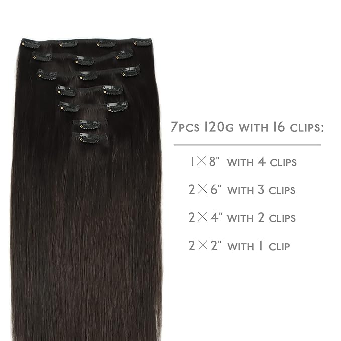 WENNALIFE Clip in Hair Extensions Real Human Hair, 20 Inch 120g 7pcs Remy Hair, Dark Brown Straight Natural Extensiones De Cabello Humano Con Clip Ins