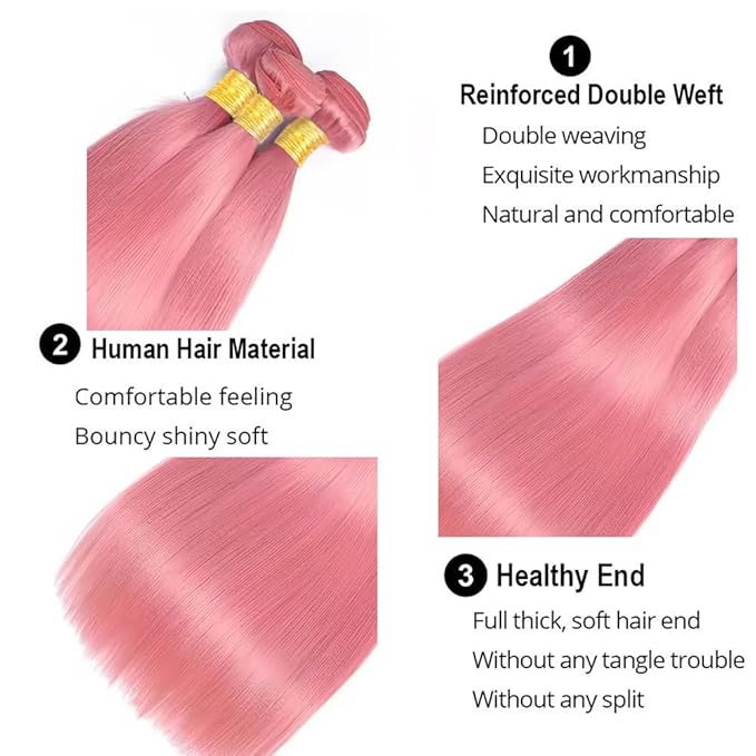 Light Pink Human Hair Bundles Pink Straight Bundle Niegmeag Peruvian Virgin Remy Hair 3 Bundles 24 26 28 Inch Double Weft Light Rose Bundle 300g