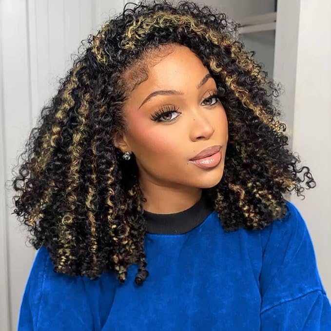 250% Density Kinky Curly Half Wig Human Hair Glueless Wigs Upgrade 3 IN 1 Highlight 1b/27 Half Wig With Drawstring Seamless Clip Ins Flip Over Kinky Curly Human Hair No Glue No Lace 16 Inch