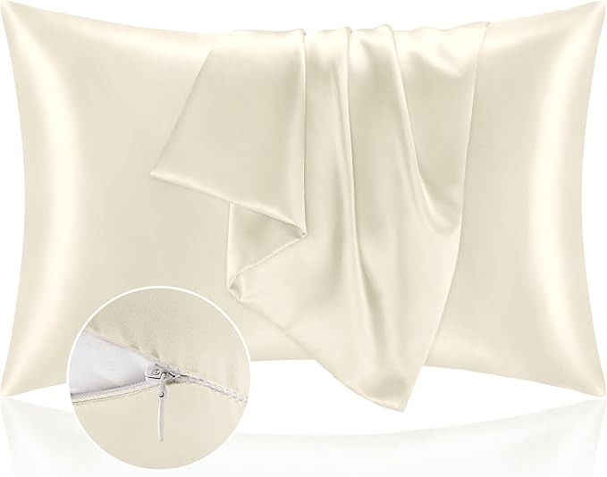 BEDELITE Satin Pillowcase with Zipper, Beige Pillow Cases Queen Size Set of 2, Super Soft and Cooling Similar to Silk Pillow Cases, Gift for Women Men(20x30 Inches)