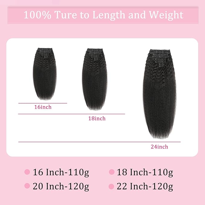 Kinky Straight Clip in Hair Extensions Human Hair Clip in Extensions 110g Clip Ins for Black Women 8Pcs/Pack Double Weft Full Head Natural Black Hair Extensions Human Hair（16Inch）