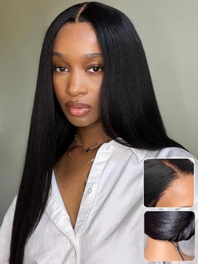 Julia Hair No Slip Yaki Straight 7x5 Lace Closure Glueless Drawstring Wig Flexible Mesh Cap Bye-Bye Slip Pre Cut HD Lace Front Pre Everything Bleached Knots Wear and Go Wig,Zero Slip Hold 24 Inch