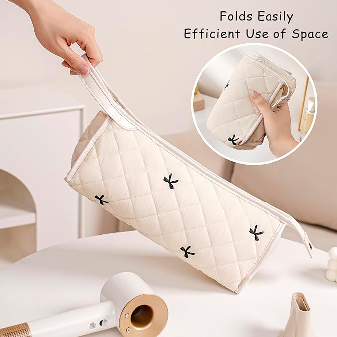Large Quilted Hair Tools Travel Bag, Waterproof Aesthetic Hair Styling Accessories Storage Case for Flat Irons,Straightener,Curling Iron,Hair Dryer,Dyson Airwrap Travle Bag（02Black Bow）
