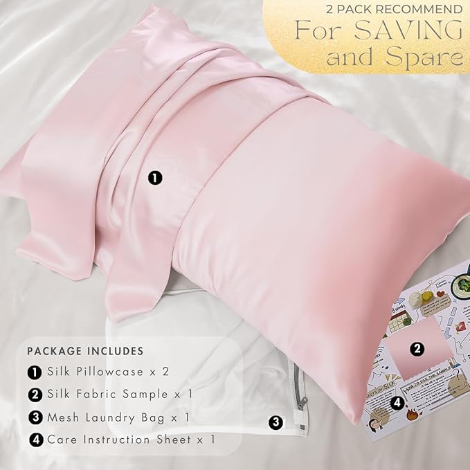 PROMEED 23 Momme Silk Pillowcase 2 Pack with Zipper, 3rd Gen Grade 6A+ 100% Mulberry Silk Pillow Case Set of 2, Cooling Pillow Cases for Hot Sleepers (Standard 20"x26", Pink)