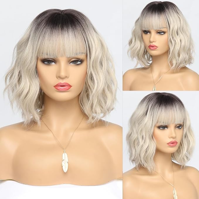 Short Ombre Blonde Bob Wigs for Women Wavy Blonde Wig with Bangs Ash Blond Wig Synthetic Hair Water Wave Medium Length Colorful Wigs（14 Inches）