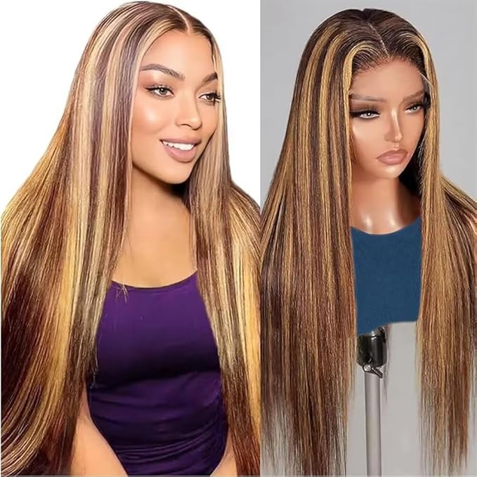 13x6 Ombre Lace Front Wigs Human Hair for Women 180 Density 4/27 Highlight Colored HD Transparent 28 Inch Straight Lace Front Wig Human Hair Pre Plucked Glueless Lace Frontal Wigs