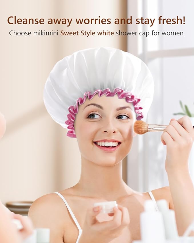mikimini White Large Shower Cap for Women Long Hair, Reusable Waterproof Double Layers Bathing Hair Cap Soft Comfortable PEVA Lining, Cute, Non-fading & Stretchy Shower Hat X-Large Pack of 1