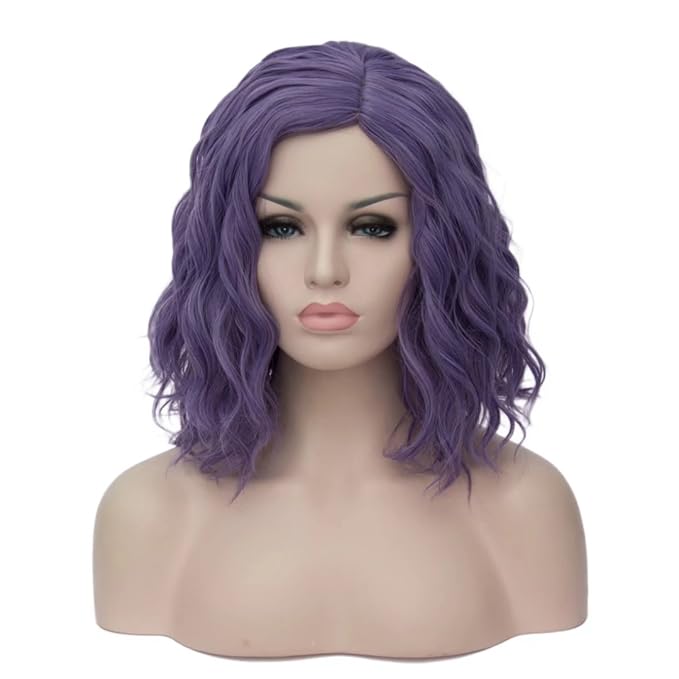 BUFASHION 14" Women Short Dark Purple Kinky Straight Cosplay Synthetic Wigs With Air Bangs 46 Colors Available (Dark Purple)