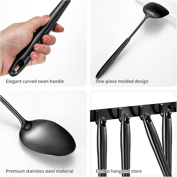 304 Stainlss Steel Matte Kitchen Utensils Set, 12 Pcs Long Metal Cooking Utensil Gadgets Tools Set with Spatula, Ladle, Spoon, Ladle, Skimmer, Tunner, Pasta Server, Tongs(Black, Dishwasher Safe)