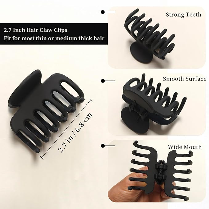 2.7 Inch Matte Hair Claw Clips No Slip Matte Unbreakable Clip for Momen Thin and Medium Thick Hair, 3 Pack