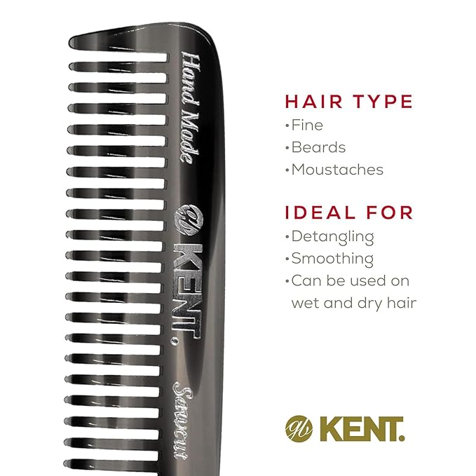 Kent 93T Black Graphite Beard Comb for Men - Wide Tooth Men's Comb, Ideal For Mustaches and Beards and Facial Hair, Small Pocket Sized Travel Detangler Combs, Saw-Cut, Hand Polished, Made in England