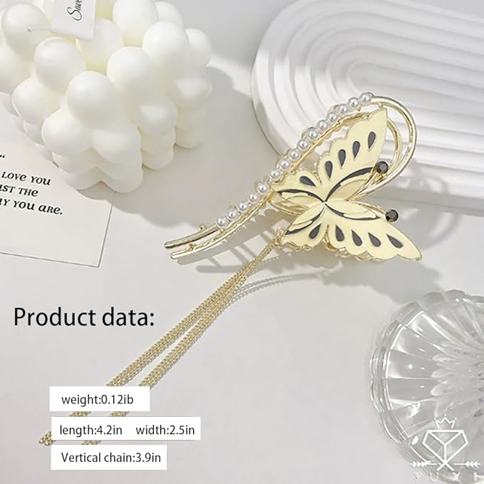 Gold Butterfly Hair Claw Clips Pearl Chain Tassel Rhinestone Butterfly Flower Hair Clips Tassel Nonslip Clamps Hair Accessories for Women and girl.Claw Clips for Thick hair