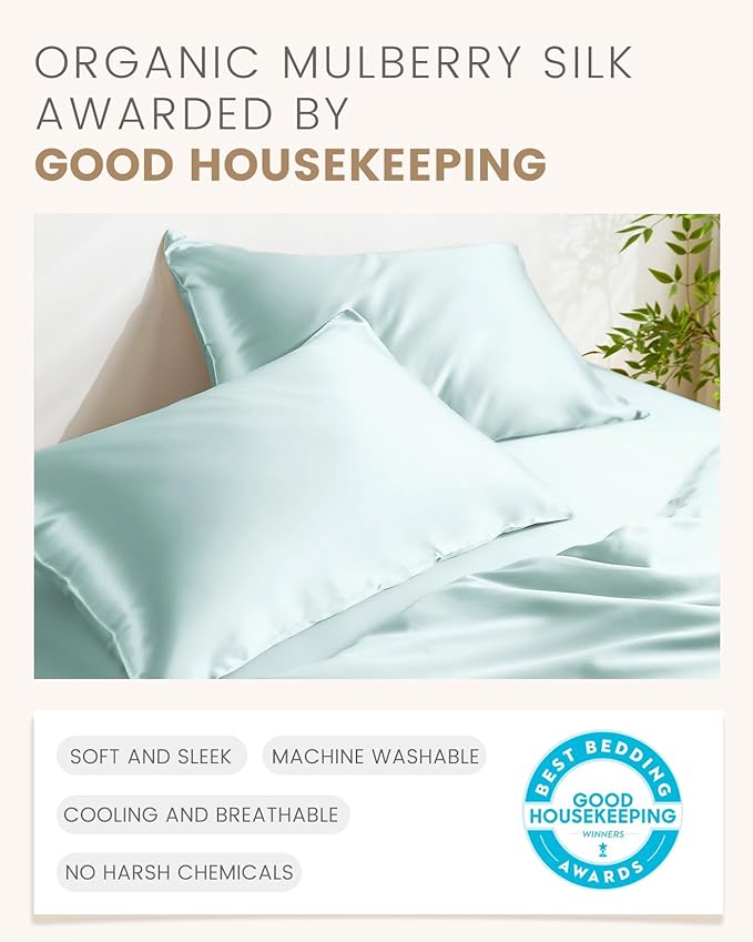 THXSILK Mulberry Silk Pillowcase for Hair and Skin, 100% Mulberry Silk Bed Pillowcase, Hypoallergenic Soft Breathable Silk Pillow Case with Hidden Zipper, King Pillow Case 20"x36", Light Blue