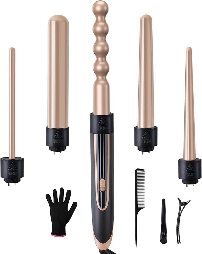 5-in-1 Interchangeable Curling Iron Set - Instant Heat-Up, Ceramic Wands (0.35-1.25 Inch), Beach Waver for Short and Long Hair Styling