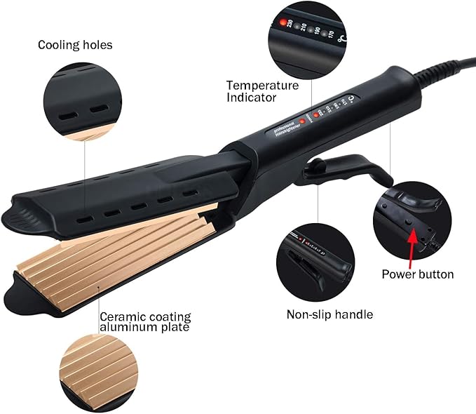 2 Inch Hair Crimper for Volumizing & Textured Styles, Ceramic Crimping Iron with Anti-Static Technology, 4 Adjustable Heat Settings 300°F-450°F, 110-240V Travel Hair Styling Tool for Women