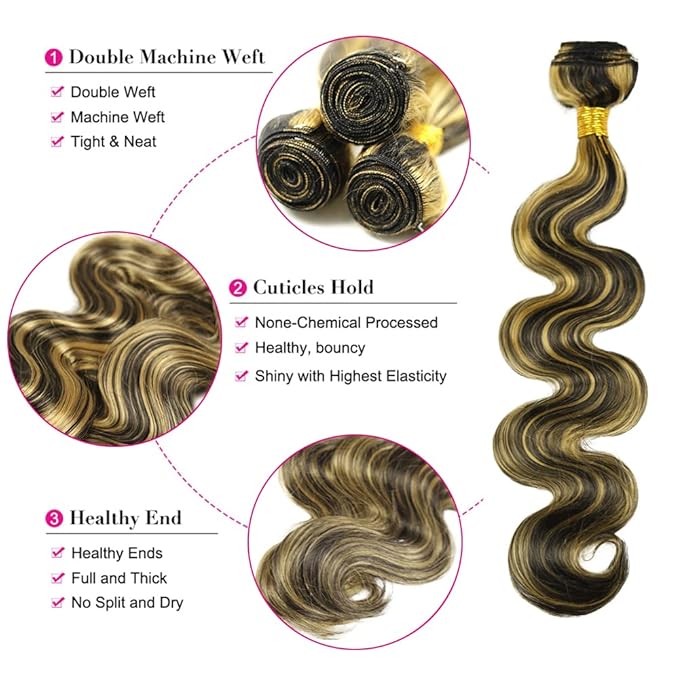 34 Inch Highlight Bundles Human Hair Blonde Body Wave Bundles Niegmeag Brazilian Virgin Soft and Silky Remy Hair Extensions 2 Tone Black and Honey Blonde Bundle