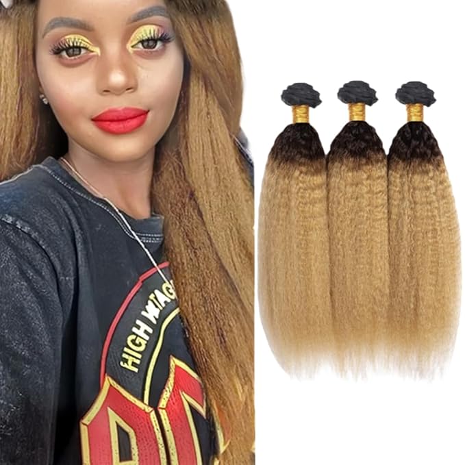 1B27 Human Hair Bundles Ombre Kinky Straight Bundles 20 22 24 Inch Niegmeag Virgin Remy Hair Extensions Double Weft 2 Tone Black and Honey Blonde Bundle 150g