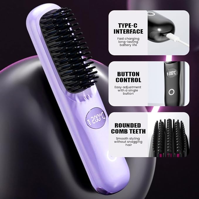 Cordless Hair Straightener Brush: Portable Rechargeable Heated Straightening Comb with LED Display & 3 Temperature Settings - Travel Hair Brush for Smooth Frizz-Free Styling (Pink)