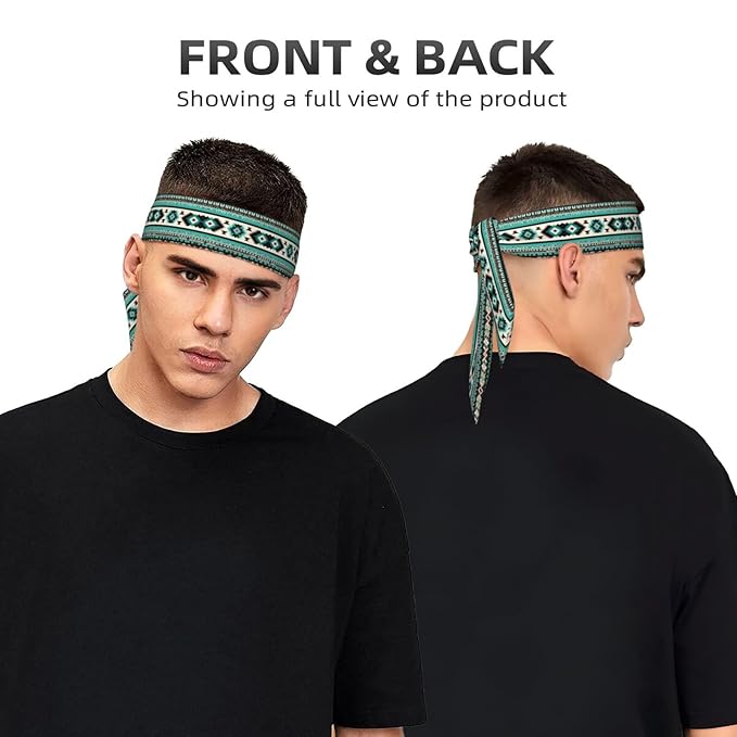 Men Women Beauty Skinny Sports Sweatbands Head Accessories for Running Fitness Shower, Long Multi Style Teal Turquoise Tribal Navajo Aztec Geometric Ethnic Pattern Head Ribbon Headwear
