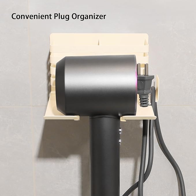 Hair Dryer Holder Wall Mounted with Tool Storage Compartment and Cord Organizer, Metal Blow Dryer Holder for Dyson Hair Dryers (Beige)