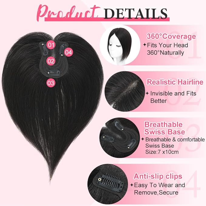 Hair Toppers for Women Real Human Hair Topper for Women with No Bangs Hairpieces Comfortable and Breathable 10 Inch Swiss Base 3D 360°Cover Glue-free and Shedding Free (Natural Black)