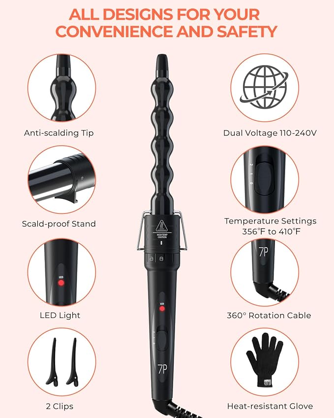 7 in 1 Curling Wand Set: Ohuhu Curling Iron Wand 7Pcs 0.35 to 1.25 Inch Interchangeable Ceramic Barrel Heat Protective Glove 2 Clips Dual Voltage Hair Curler Girl Women Mother Christmas Gift Black