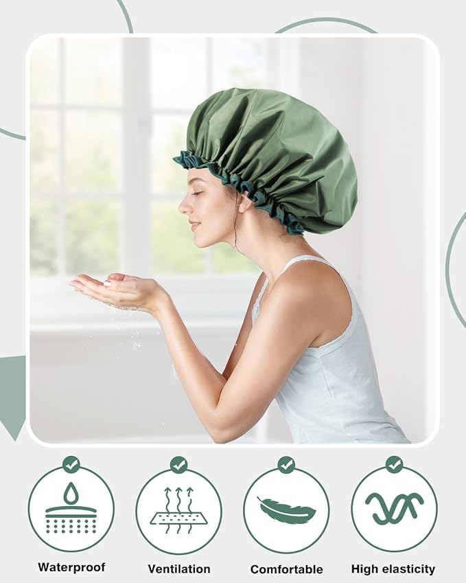 Aquior Shower Caps, Reusable Shower Cap for Women, Double Layer Waterproof Bonnet Hair Cap, Large Size for All Hair Lengths,for Girls Spa Home Salon Use(Green)