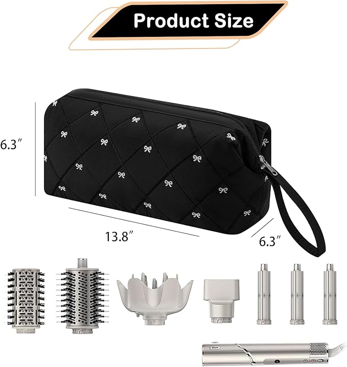 Large Quilted Hair Tools Travel Bag with Bow Pattern,Waterproof Hair Styling Accessories Storage Case for Shark FlexStyle, Dyson Airwrap Hair Dryer, Curling Iron, Revlon Hair Tools(Black)