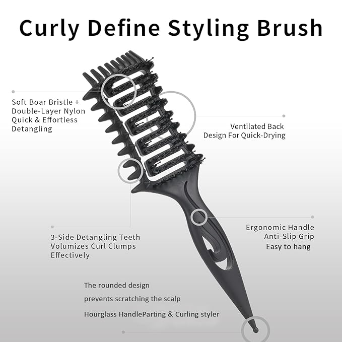 Curl Defining Brush, Curly Hair Brush for Detangling Shaping and Styling Curly Hair, Vented Candy Brush for Wet or Dry Hair Types for Women and Girl, Defining with Side Gear, Reduces Frizz (Black)