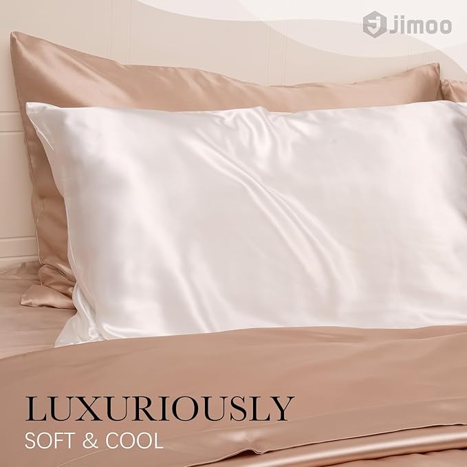 J JIMOO 100% Mulberry Silk Pillowcase for Hair and Skin, 22 Momme Pure Natural Silk Pillow Case Both Sided with Zipper, Pillow Cover for Women Mom Men (Ivory White, Standard 20''×26'', 2 Pack)