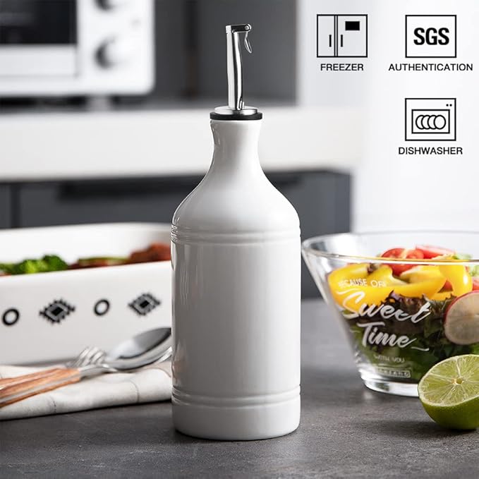 Sweejar Ceramic Olive Oil Dispenser Bottle, Opaque Oil Cruet Protects Oil to Reduce Oxidation, Suitable for Storage Oil, Vinegar, Coffee Syrups & Other Liquids, Pack of 1, 15.5 Fl Oz (White)