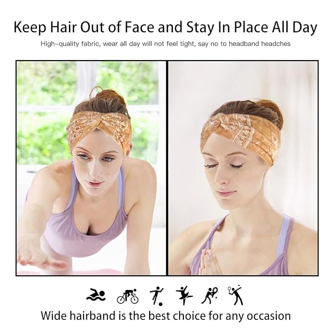 Artilady 6 Pack Boho Headbands for Women - Wide Bandana Headband Non Slip Stretchy Cheetah Paisley Print Turban Headwarp Twisted for Girls
