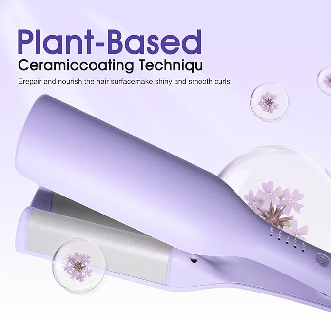 Beach Wave Curling Iron Deep Waver Hair Tool, Mermaid Hair Waver for Women Crimper, Anti-Scald, Dual Voltage, 1.4 Inch Ceramic Double Barrel Wavy Curling Iron, Purple