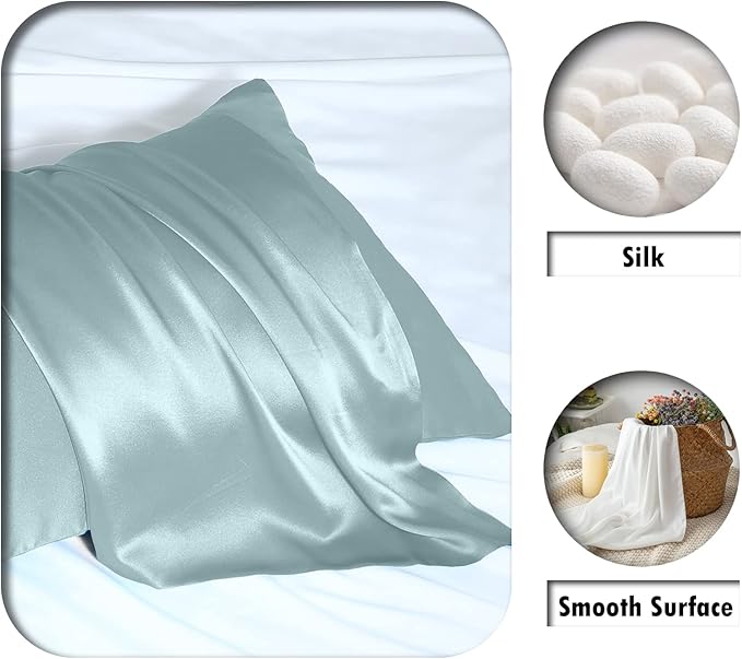 Mulberry Silk Pillowcase for Hair and Skin Pillow Case with Hidden Zipper Soft Breathable Smooth Cooling Silk Pillow Covers for Sleeping (Haze Blue, King（20"X 36"）)